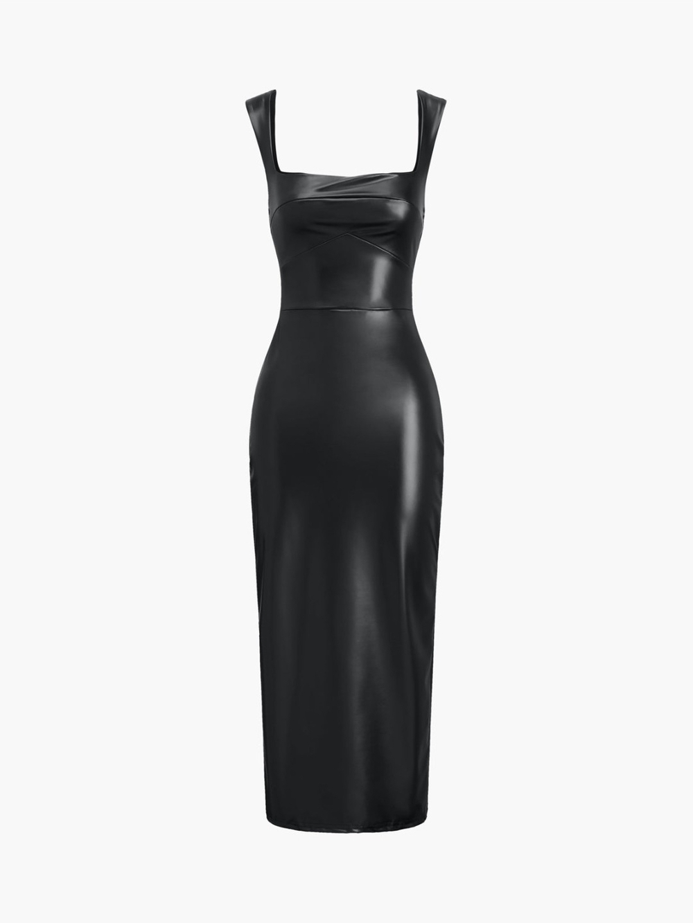 Commense Black Faux Leather Square-Neck Midi Dress